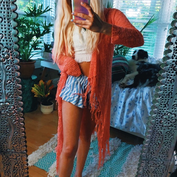 Sweaters - hooded peachy pink bohemian gypsy fringe cardi